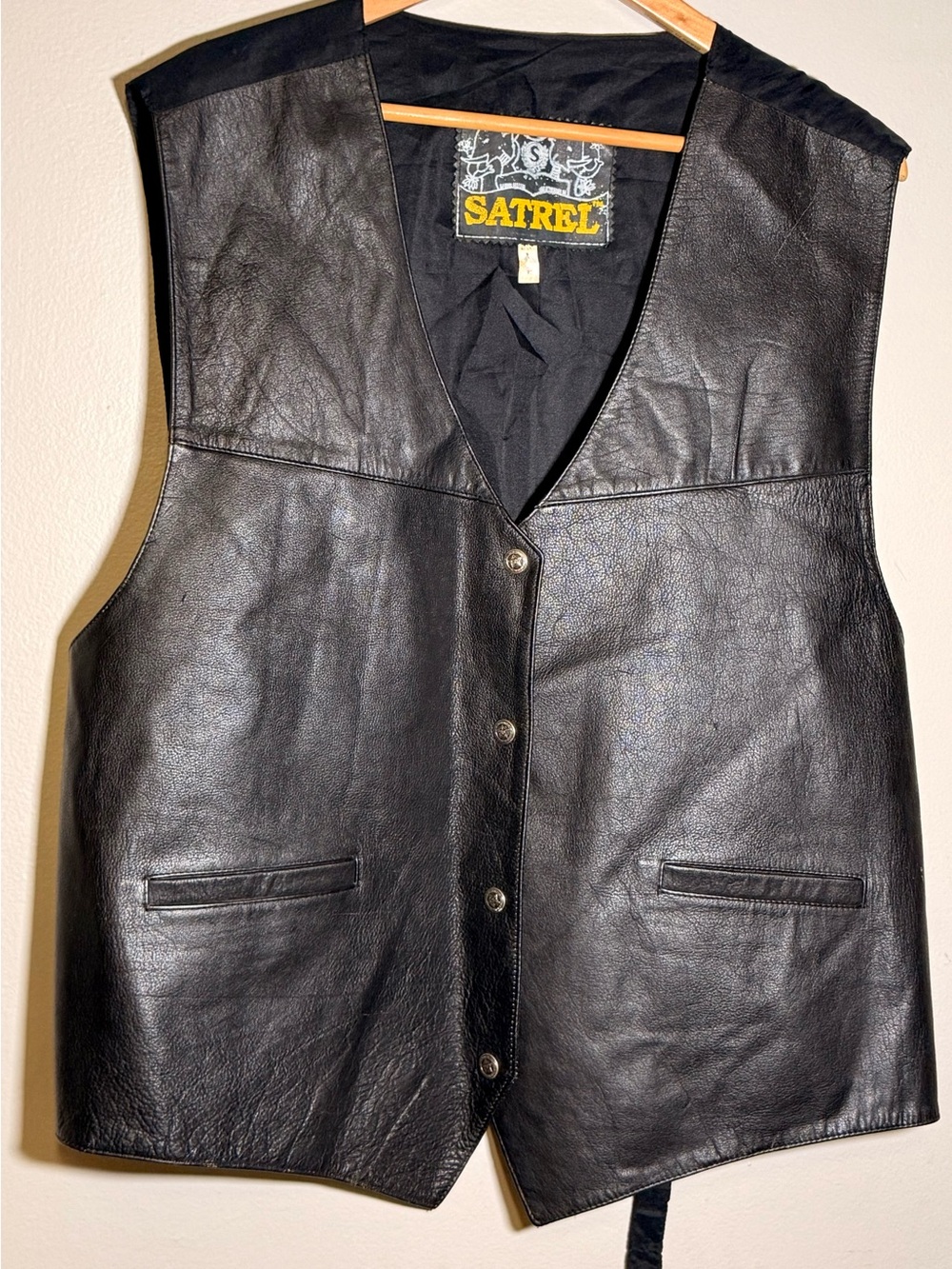 Satrel Black Genuine Leather Biker Vest Snap Front Western Motorcycle S